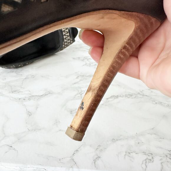 Tory Burch Regan Signature‎ Logo Wood Platform Peep Toe Heels Women’s Size 11 - Picture 8 of 14